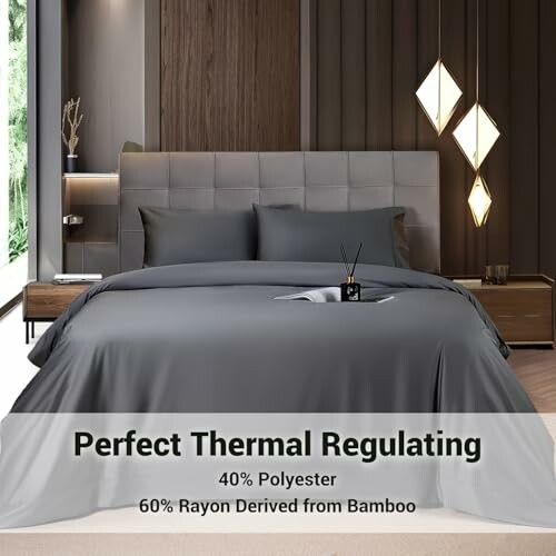 Bedroom with gray bedding, modern design, labeled 40% polyester, 60% rayon from bamboo.