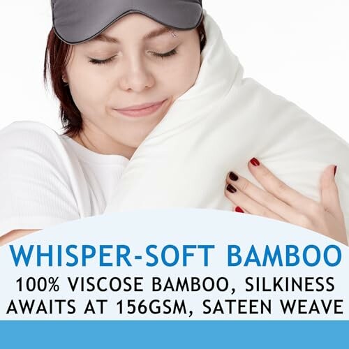 Person hugging a bamboo pillow with text about its softness and material.