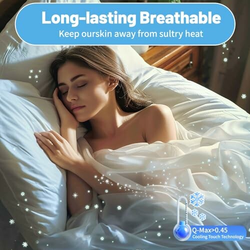 Woman sleeping under breathable fabric with cooling technology.