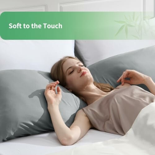 Woman sleeping on soft pillows with text 'Soft to the Touch'.