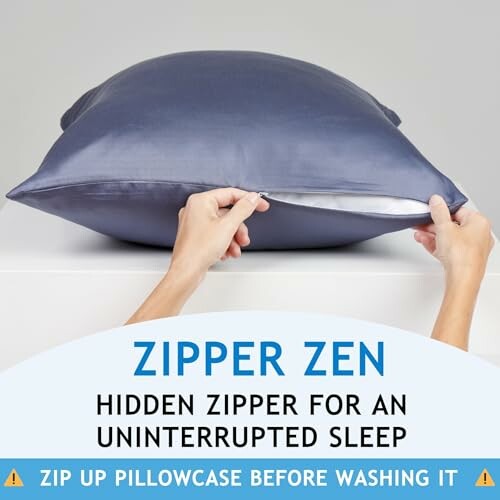 Hands zipping a pillowcase with text promoting hidden zipper for uninterrupted sleep.